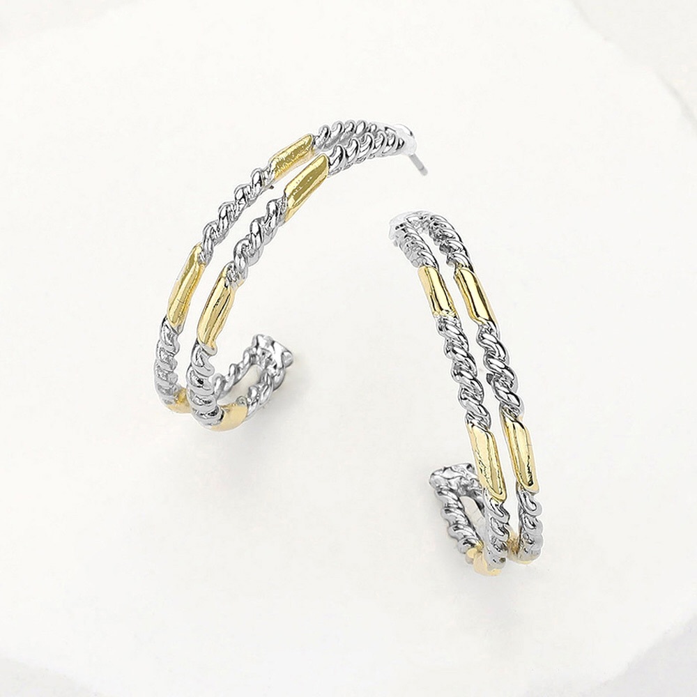 14K Gold Two Tone Braided Hoop Statement Earrings